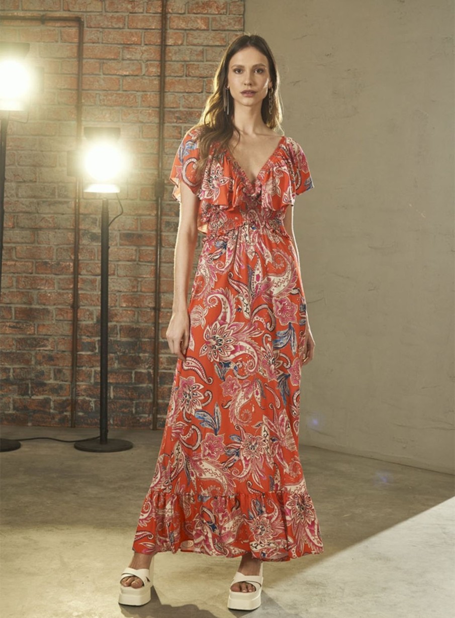 Dress | Triton Fluid Dress With Ruffle Beach Paisley